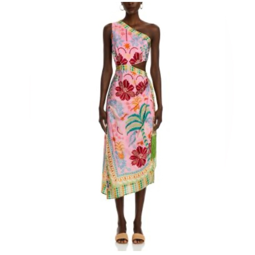 FARM Rio Pink Tropical One-Shoulder Cutout Midi Dress